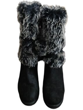 Black Faux Suede SZ 6 Lace-Up Gray Faux Fur Trim Boots